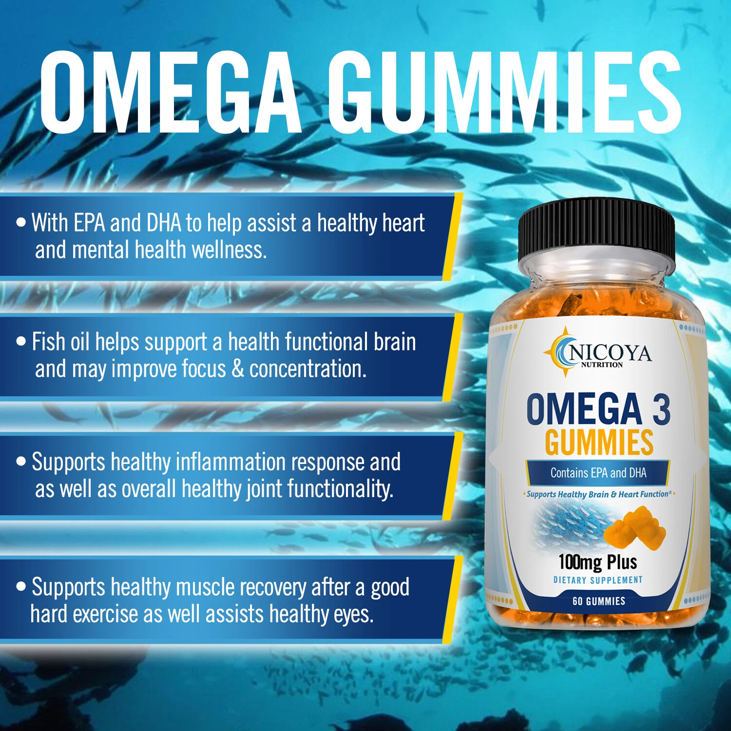 Bottle of Omega-3 Fish Oil Gummies for Joint & Heart Support – 100 MG+, 60ct to support health and wellness