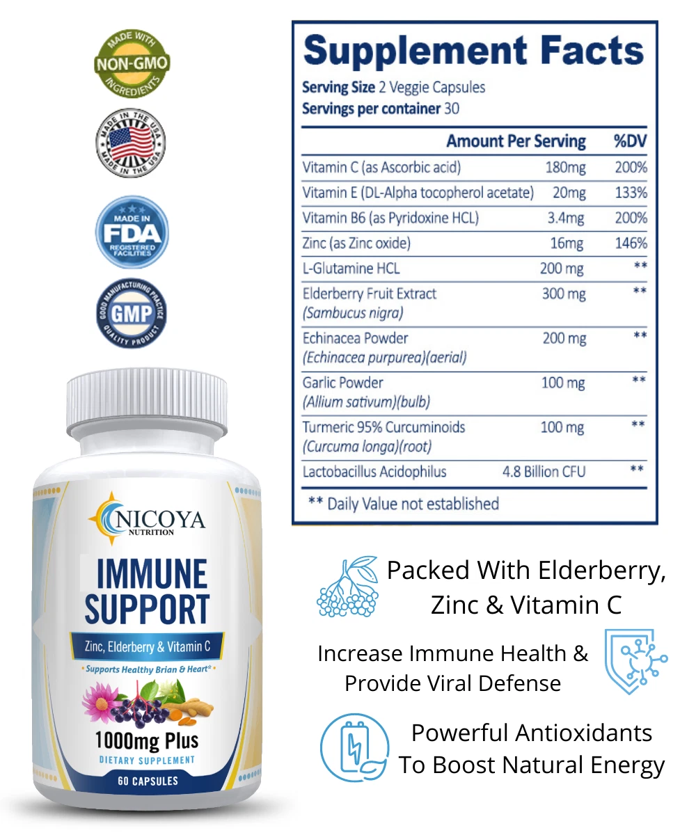 Bottle of 12 in 1 Daily Immune Support 1000mg+ for Viral Defense & Antioxidants to support health and wellness