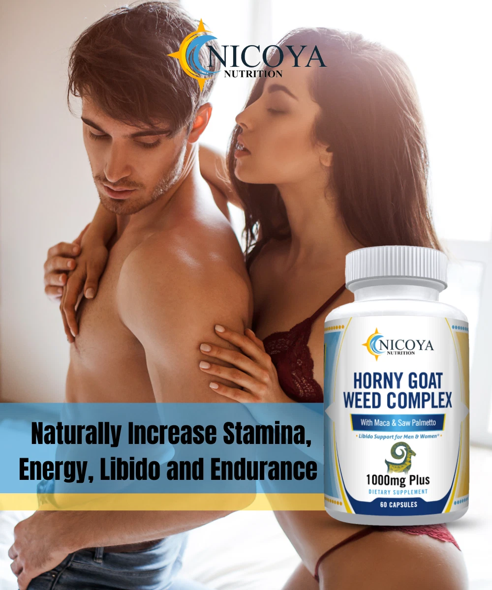 Bottle of Horny Goat Weed Supplement with Maca & Ginseng for Libido & Energy Support – 1000 MG+ to support health and wellness