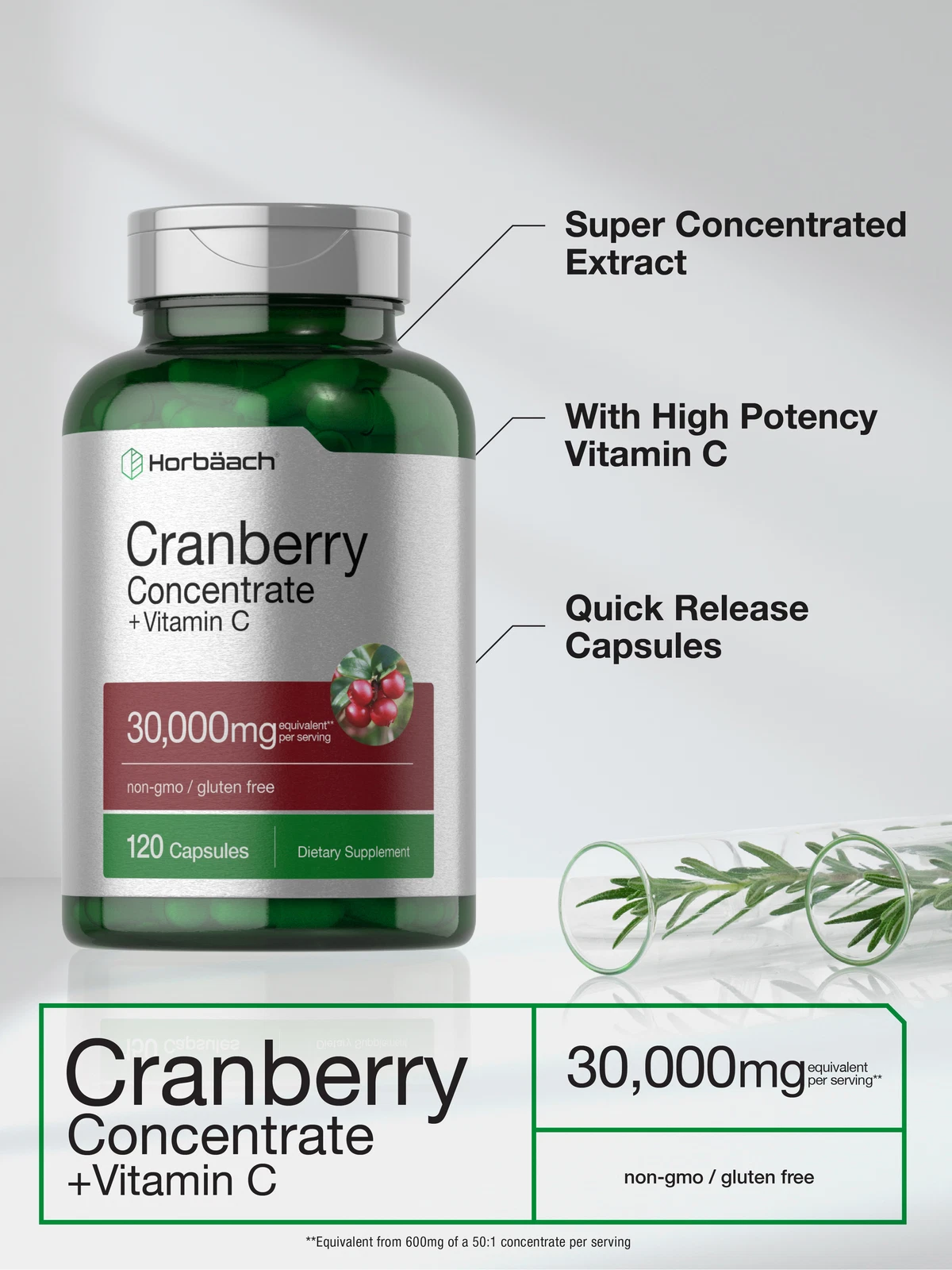 Bottle of Cranberry Capsules 30,000mg + Vitamin C to support health and wellness