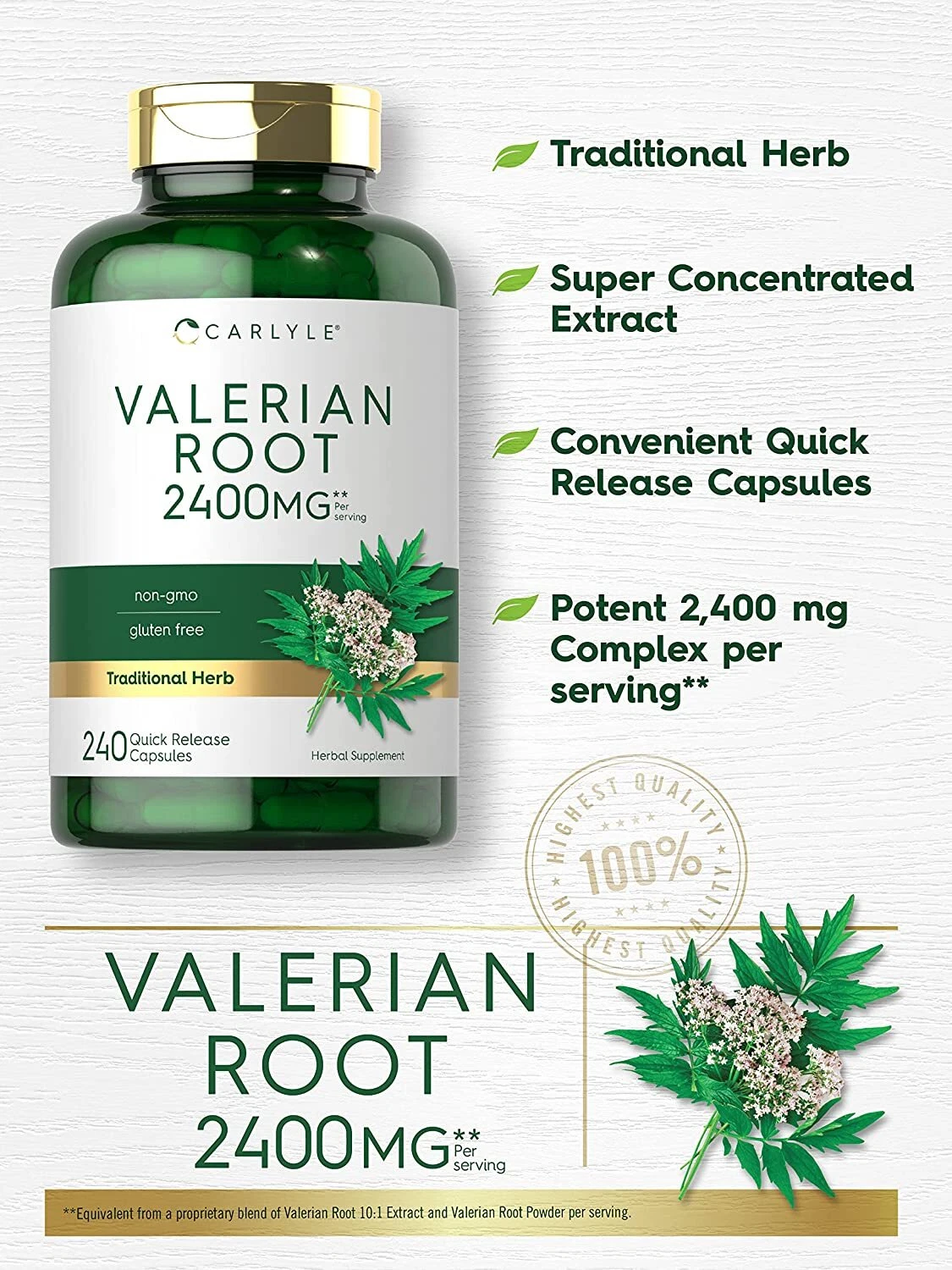 Bottle of Valerian Root Capsules 2400mg to support health and wellness