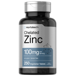 Bottle of Chelated Zinc Supplement 100mg to support health and wellness