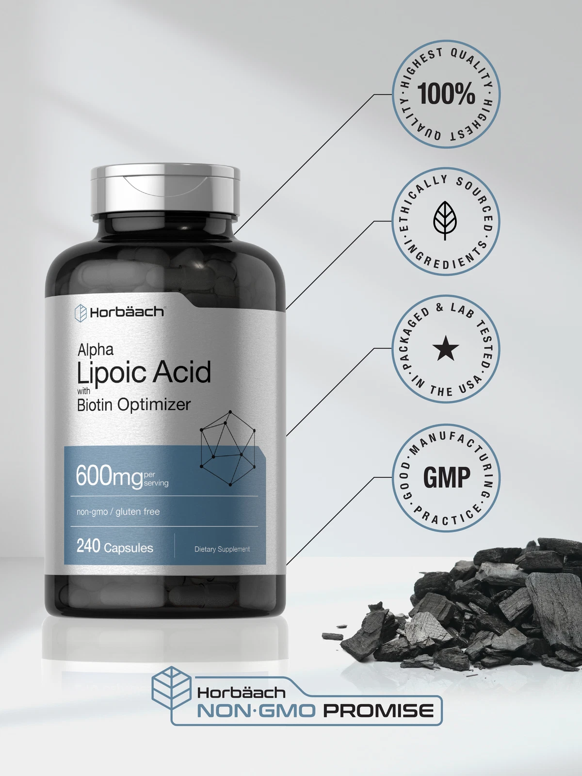 Bottle of Alpha Lipoic Acid 600mg to support health and wellness