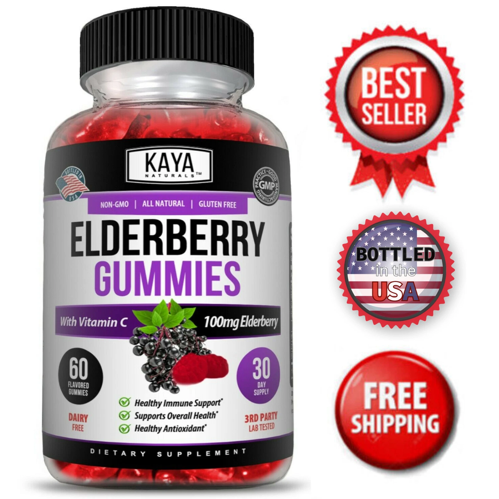 Bottle of Elderberry Gummies 60ct with elderberry, immune support to support health and wellness