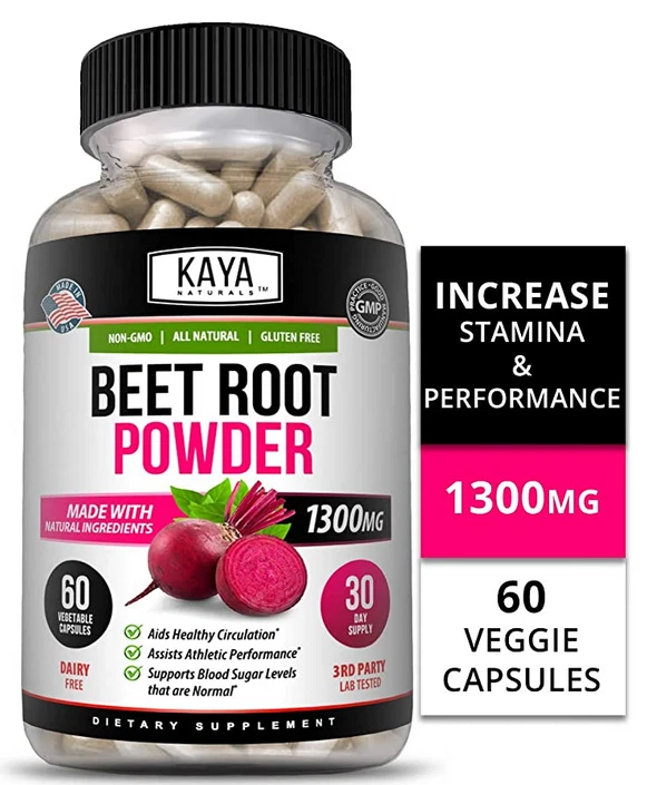 Bottle of Beet Root Powder 1300mg Capsules with beetroot, energy & nitric oxide support to support health and wellness