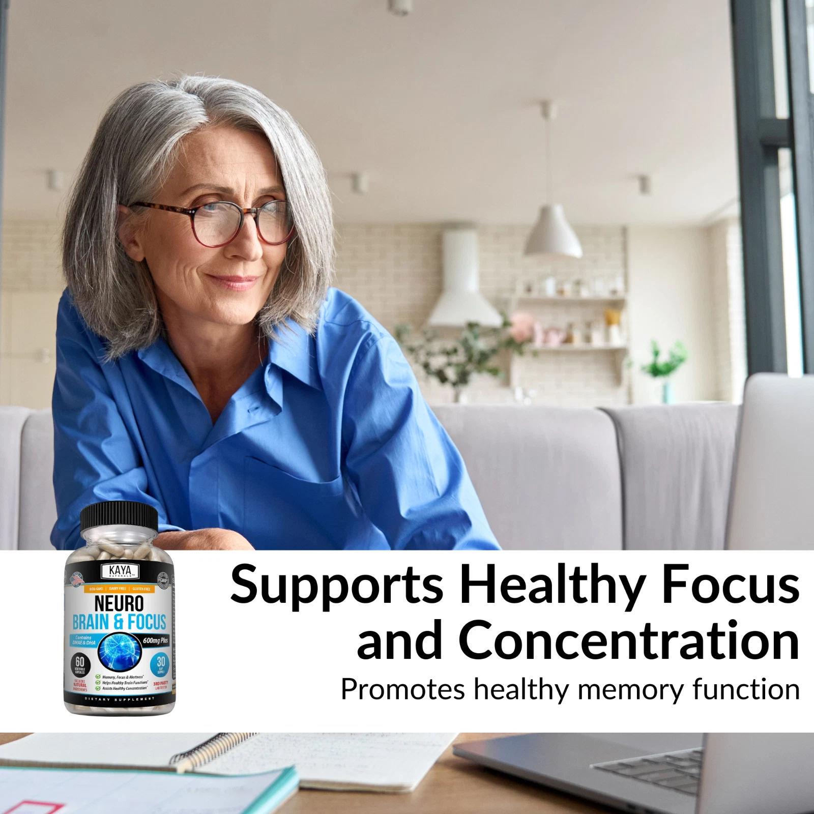 Bottle of Neuro Brain & Focus 60ct with nootropic, memory & focus support to support health and wellness