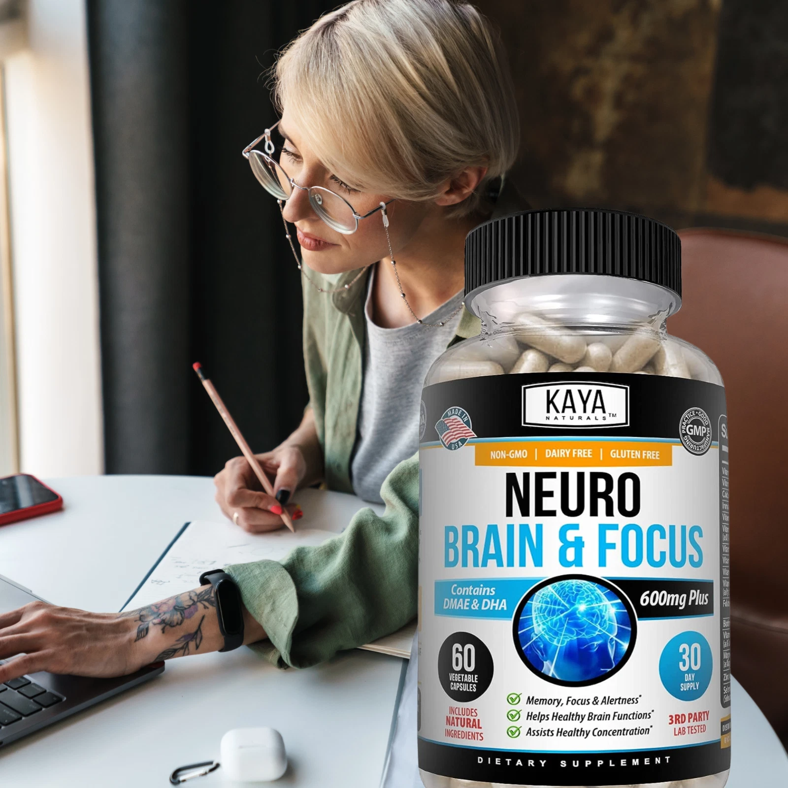 Bottle of Neuro Brain & Focus 60ct with nootropic, memory & focus support to support health and wellness