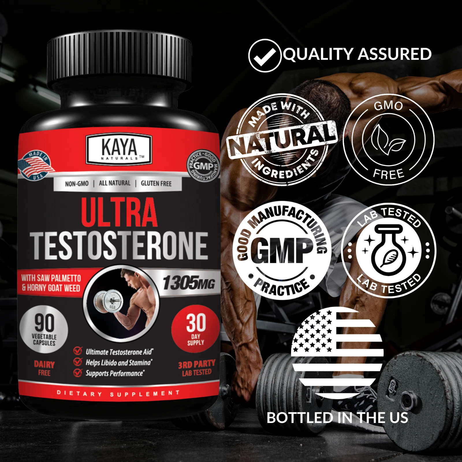 Bottle of Testosterone Booster 90ct with testosterone, energy & muscle support to support health and wellness
