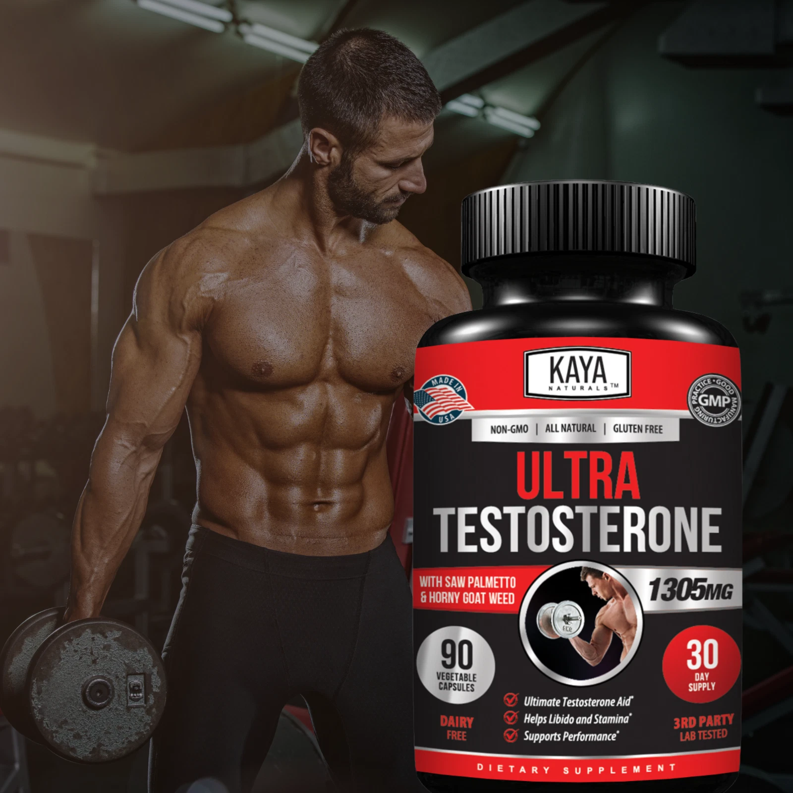Bottle of Testosterone Booster 90ct with testosterone, energy & muscle support to support health and wellness