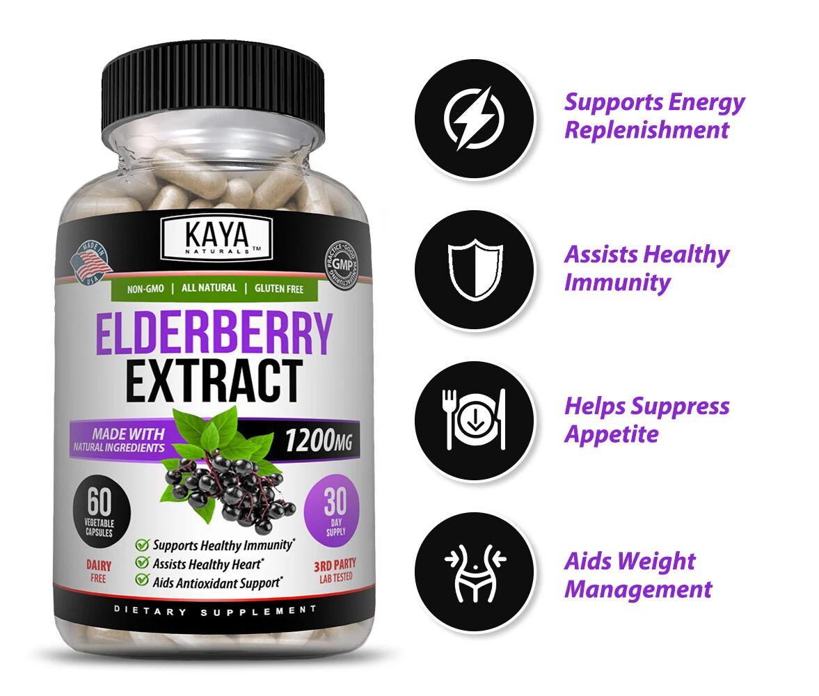 Bottle of Sambucus Black Elderberry 3 Pack 1200mg 60ct with elderberry, immune support to support health and wellness