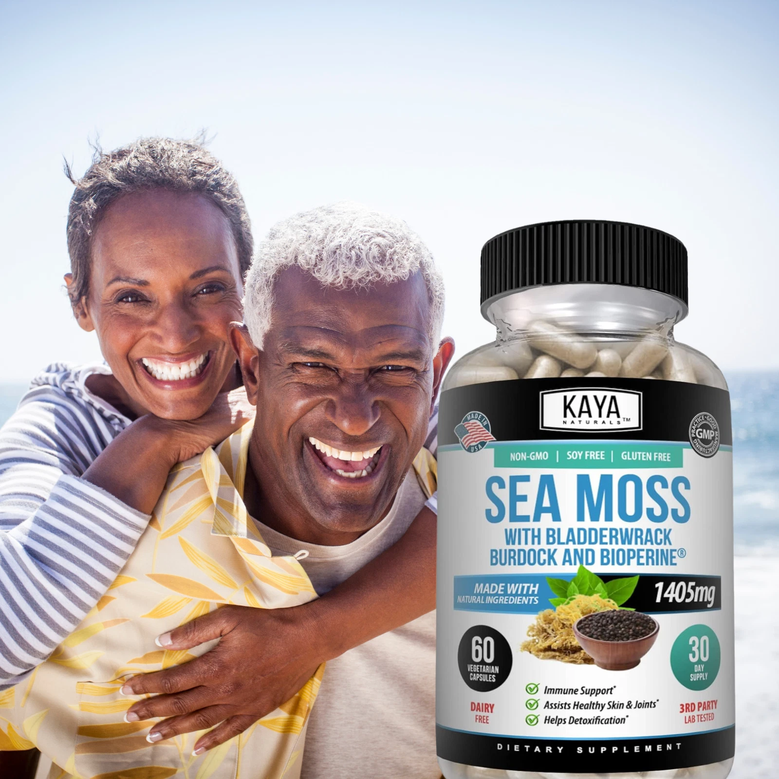 Bottle of Irish Sea Moss Supplement with sea moss, thyroid & immune support to support health and wellness