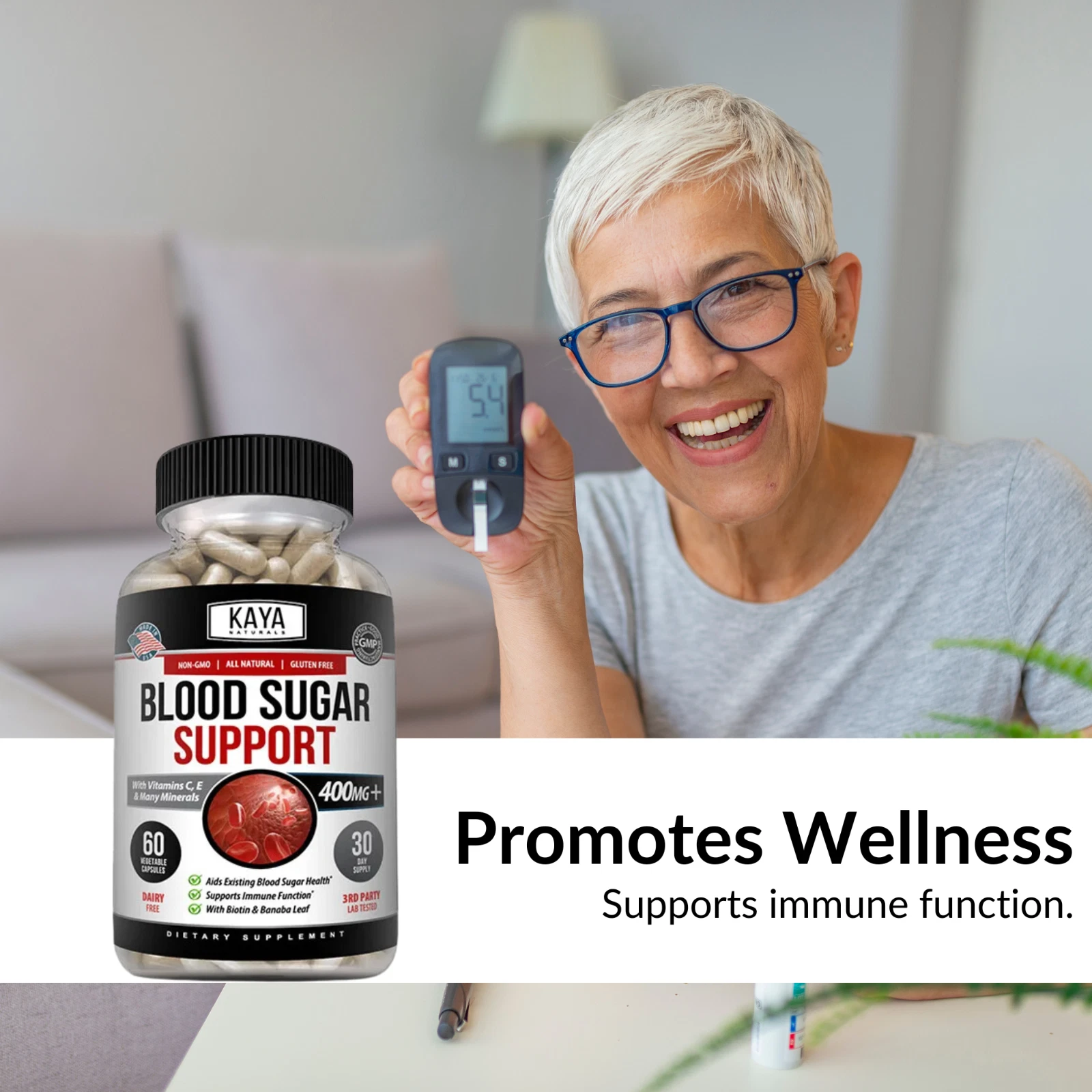Bottle of Blood Sugar Support 60ct with alpha lipoic acid, blood sugar support to support health and wellness