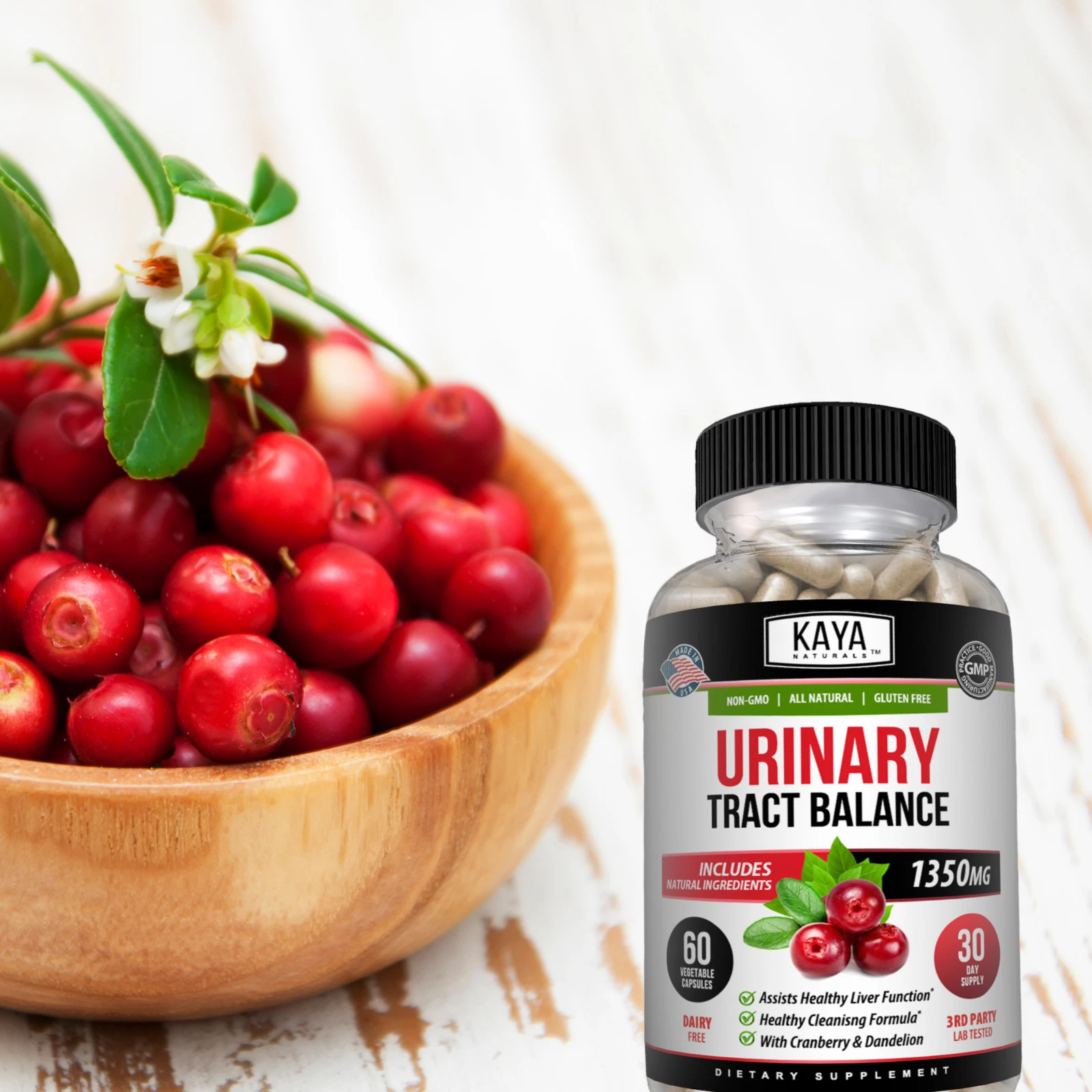 Bottle of Urinary Tract Balance 1350mg 60ct with d-mannose, urinary tract support to support health and wellness